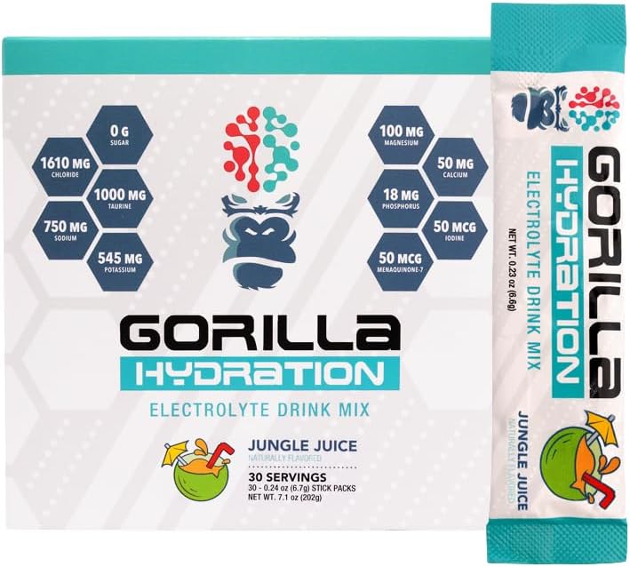 Packs d'hydratation mentale Gorilla - 3,073mg Electrolytes sur le pouce Mélange de boisson pratique pour la reconstitution complète - Zéro sucre, naturellement sucré et à jeun - 30 Compte (Jus de Jungle)