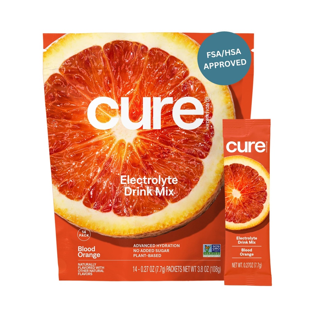 Cure Hydration - Electrolyte Drink Powder Blood Orange 14 Packets | Plant-Based Dehydration Relief Mix Made with Coconut Water, No Added Sugar, Vegan, Non-GMO, Gluten Free, FSA-HSA Eligible