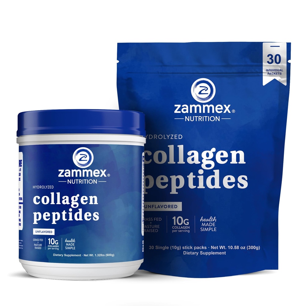 Zammex Collagen Peptides Poudre non aromatisée 600g + 30 bâtons Packets de voyage
