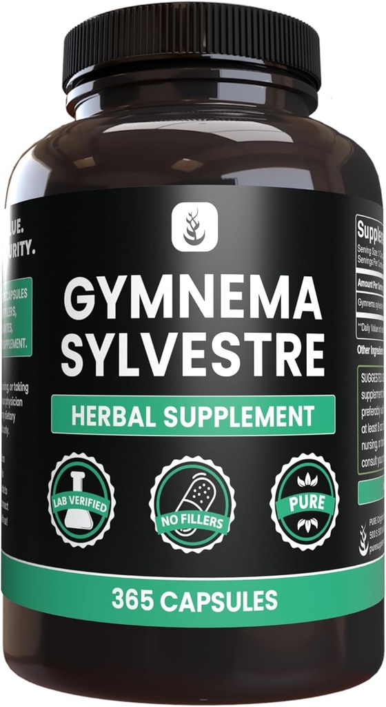 INGRÉDIENTS ORIGINAUX Gymnema Sylvestre (365 Capsules), Pas de Magnésium ou de Rinc, Toujours Pure, Verified Lab