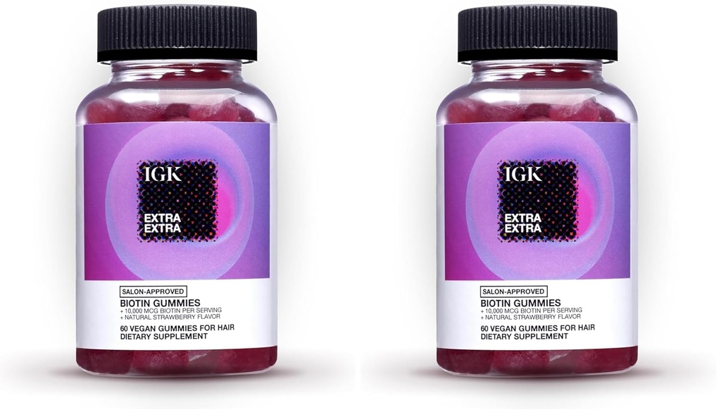 Gommies de cheveux IGK Biotin 10000mcg Biotin (60 comte), Fraise aromatisée, Supplément de croissance des cheveux Gommies pour les cheveux, la peau et les ongles sains, végétalien, aider à combattre la perte de cheveux et la minceur (paquet de 2)