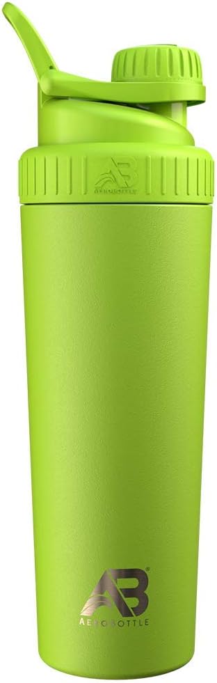 AeroBottle Cryo Shaker Cup, Bouteille d'eau en acier inoxydable isolé et agitateur de protéines, mélange protéines et pré-travail avec la technologie de mélange turbulent, pas de boule de mélange ou de wisk, 26oz, Eco Shock Green