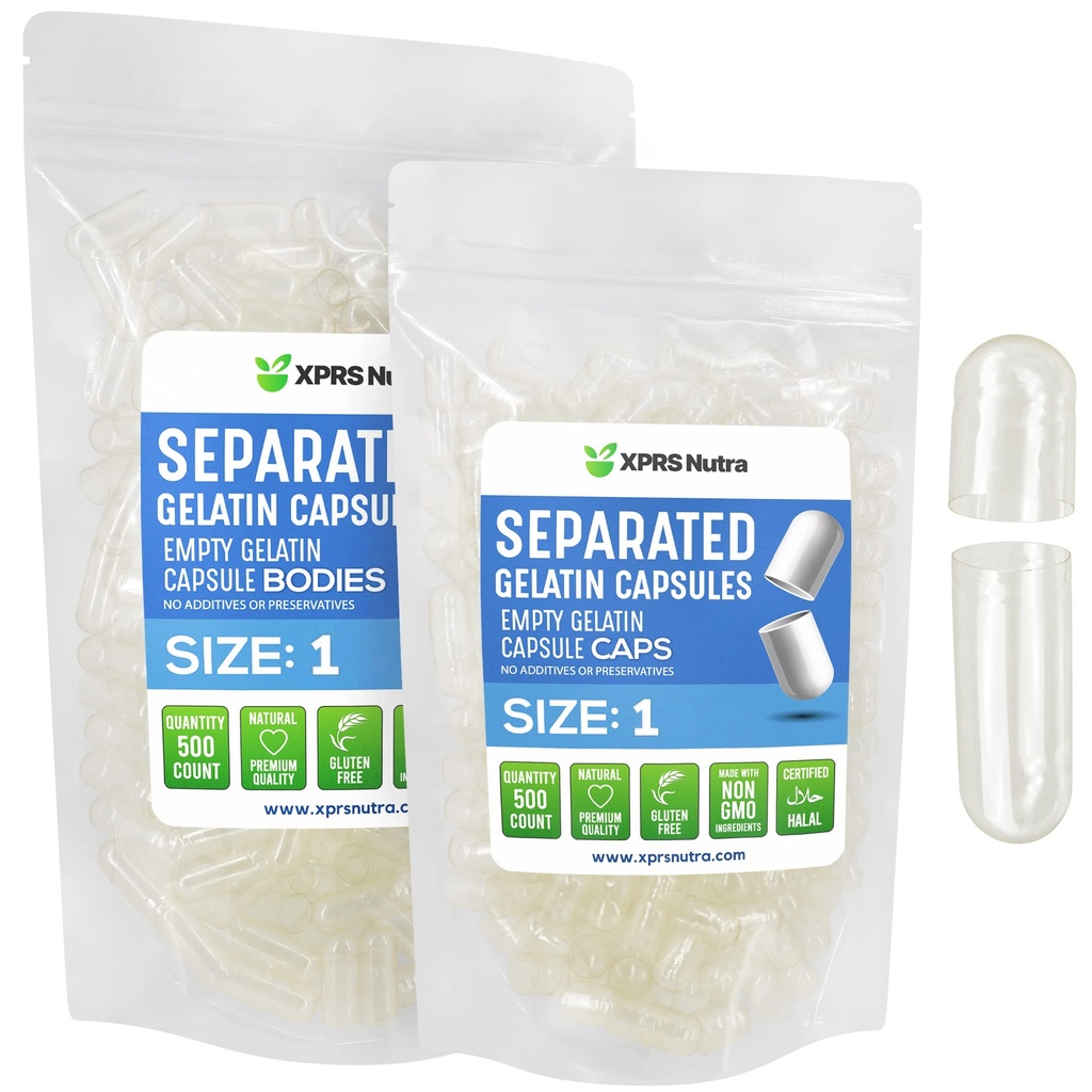 XPRS Nutra Size 1 Gelatin Separated Capsules - 500 Count Empty Pill Capsules Separated in Bags - Clear Empty Pills for Do-It-Yourself DIY Supplement Filling