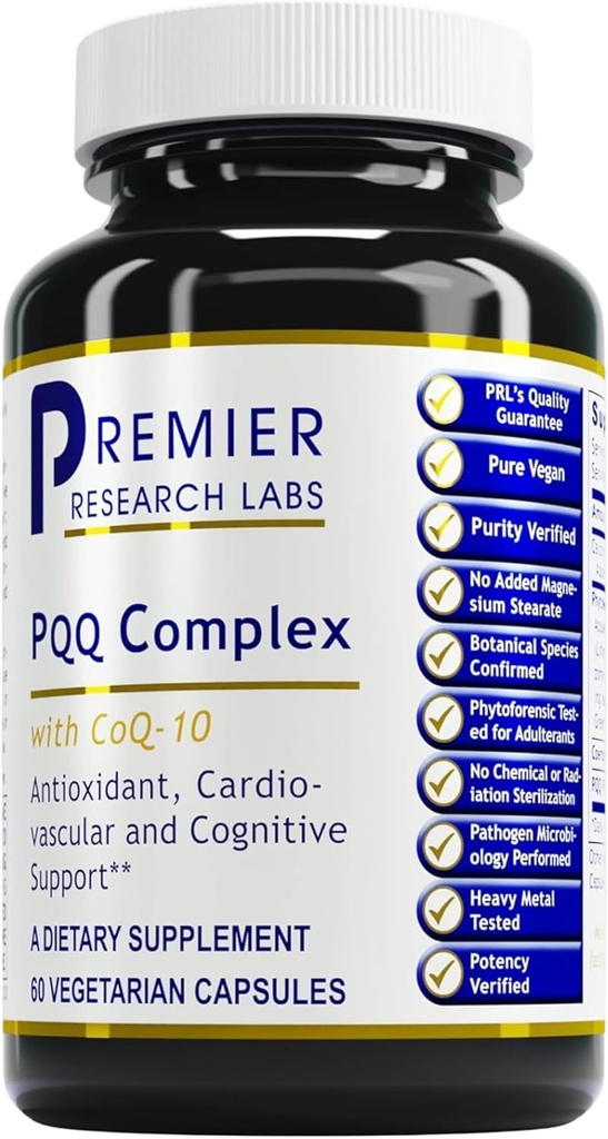 Premier Research Labs Premier Complexe PQQ avec CoQ10 - Coenzyme Q10, Co Q 10 Supplément avec Pyrroloquinoline Quinone (PQQ) pour Antioxydant, Soutien du cerveau et du cœur - 60 Capsules végétariennes