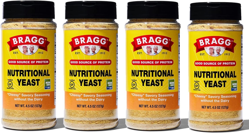 Bragg Assaisonnement nutritionnel des levures – Flacons de fromage sans gluten, végétaliens – Bonne source de protéines et de vitamines – substitut de fromage parmesan savoureux – non-OGM vérifié, 4,5 once, 4-pack