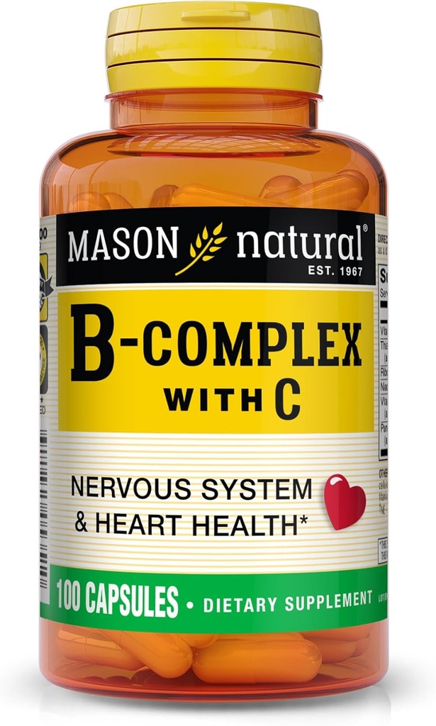 MASON NATURAL B-Complex avec vitamine C – Système nerveux et soutien de la santé cardiaque – 100 capsules