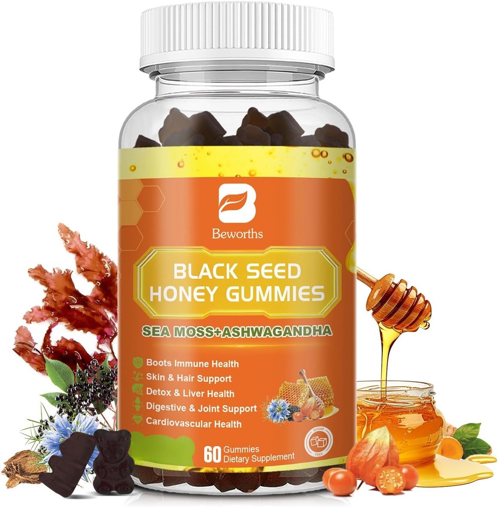 Huile de graines noires Gummées de mousse de mer avec Ashwagandha, racine de Burdock, miel de Linden, mûre aînée, curcuma, vitamine C, D3 et zinc - soutient l'immunité, articulations, digestion, cheveux et peau, Gummées végétaliennes 60 comtes