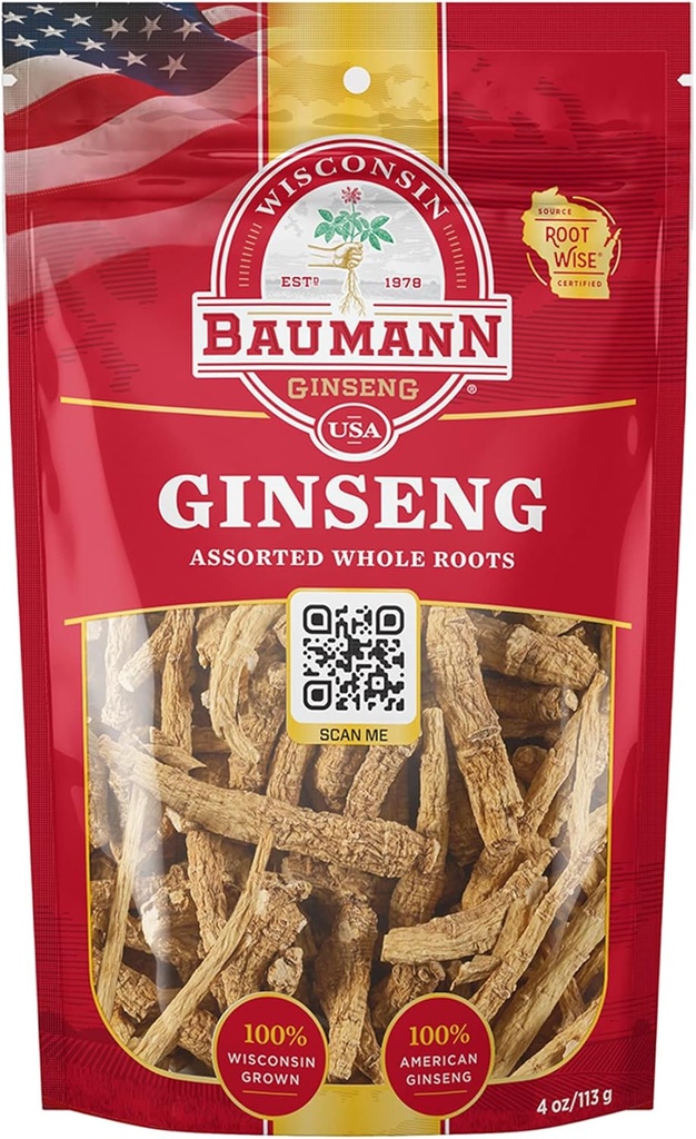 Baumann Wisconsin Ginseng Graines entières assorties 4 oz - 100% naturel Panax Ginseng Herbe, Ginseng américain séché pur pour l'énergie améliorée