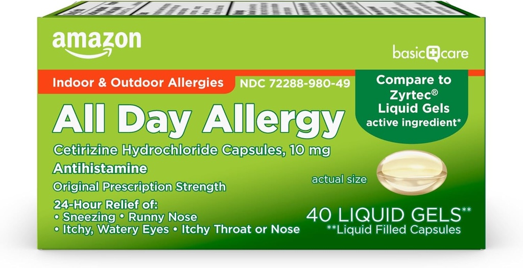 Soins de base Allergy Medicine 24 heures sur 24 Gels liquides allergiques Capsule, chlorhydrate de cétirizine, 10 mg, Antihistamine, 40 Compte