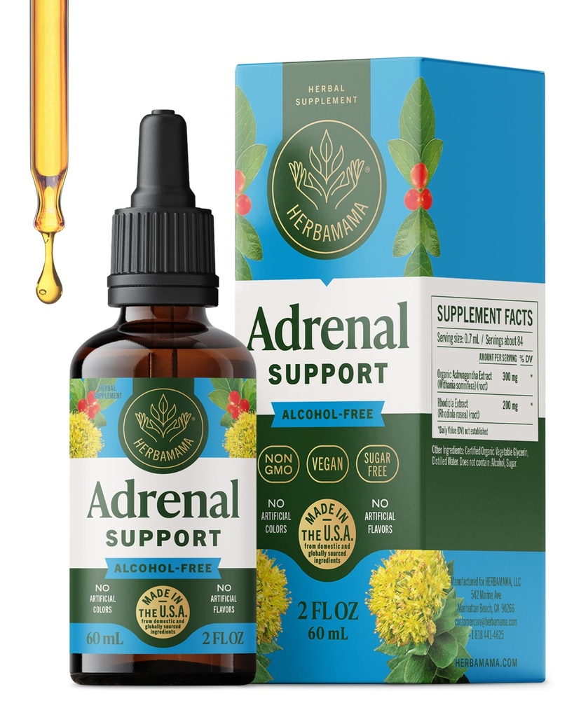HERBAMAMA Soutien adrénal gouttes liquides - Teinture adrénale végétalienne avec la racine d'Ashwagandha et l'extrait de rosea Rhodiola - Supplément non-OGM, sans alcool et sans sucre - 28 jours d'approvisionnement