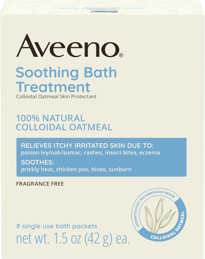 Soin de bain apaisant sans fragrance Aveeno pour un soulagement apaisant, crème d'avoine colloïdale 100% naturelle, soulagement des démangeaisons, peau irritée en raison de l'eczéma, 8 sachets de bain à usage unique