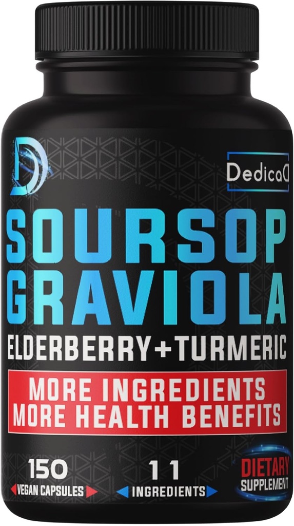 11en1 Graviola Sourop Capsules pendant 5 mois Approvisionnement avec des fruits, des baies de sureau, des curcuma, des gingembres, du chardon, des canneberges et plus - Mood, Immune et santé du corps - 150 Capsules Vegan
