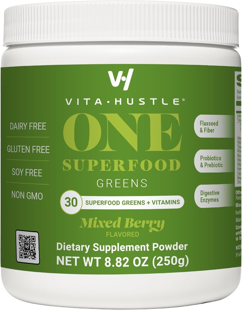VitaHustle ONE Superfood Poudre Super Greens avec Prébiotiques + Probiotiques, Réduire Bloating, Detox, Gut Health, Spiruline, Chlorella, Enzymes digestifs (Berry Flavor, 25 portions)