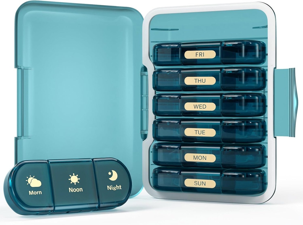 Organisateur hebdomadaire de pilules 3X par jour, boîte à pilules de 7 jours 3 fois, portable pour le cas de pilules de voyage pour les pilules/vitamine/pêche, huile/médication/compléments (3x7 bleu)
