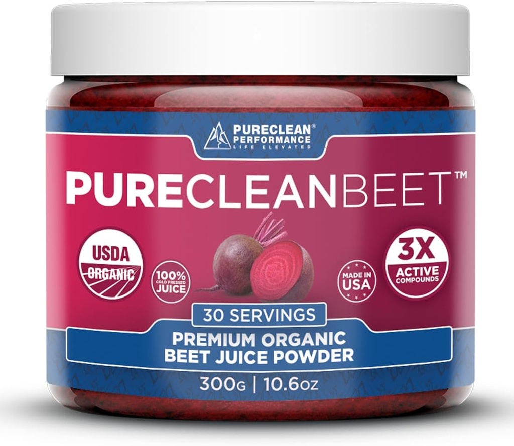 PureClean Beet Premium Beet Juice Powder - 100% Organic Nitric Oxide Support for Clinically-Proven 3X Greater Circulation, Endurance & Energy - Fièrement pressé par le froid, Eco Friendly, USA - 30 Servants