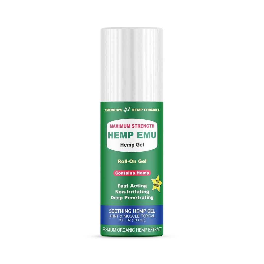 Chanvre Emu - Rouleau de chanvre sur gel - Rubule musculaire pour désagrément du dos et des articulations - Gel apaisant avec huile de chanvre biologique, huile d'émeu, menthol, eucalyptus, Aloe Vera