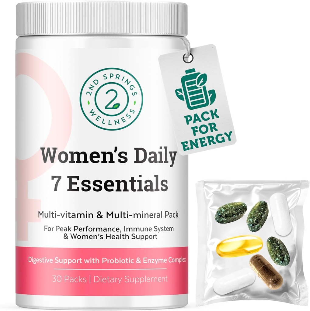 Daily 7 Essentials Pack Vitamine Femme -7 Pack Complet Multivitamine Packet femme avec énergie, métabolisme, système immunitaire, soutien de santé féminine avec probiotiques, Plus