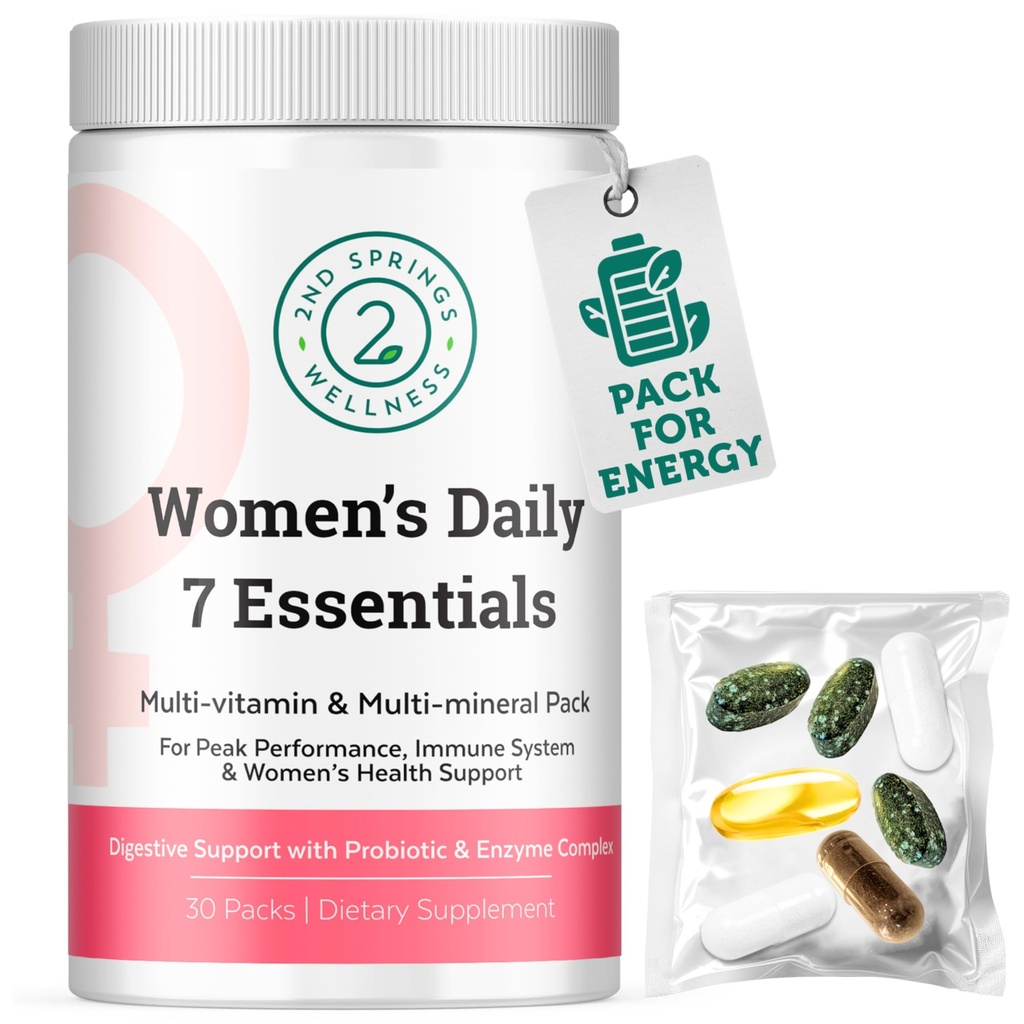 Daily 7 Essentials Pack Vitamine Femme -7 Pack Complet Multivitamine Packet femme avec énergie, métabolisme, système immunitaire, soutien de santé féminine avec probiotiques, Plus
