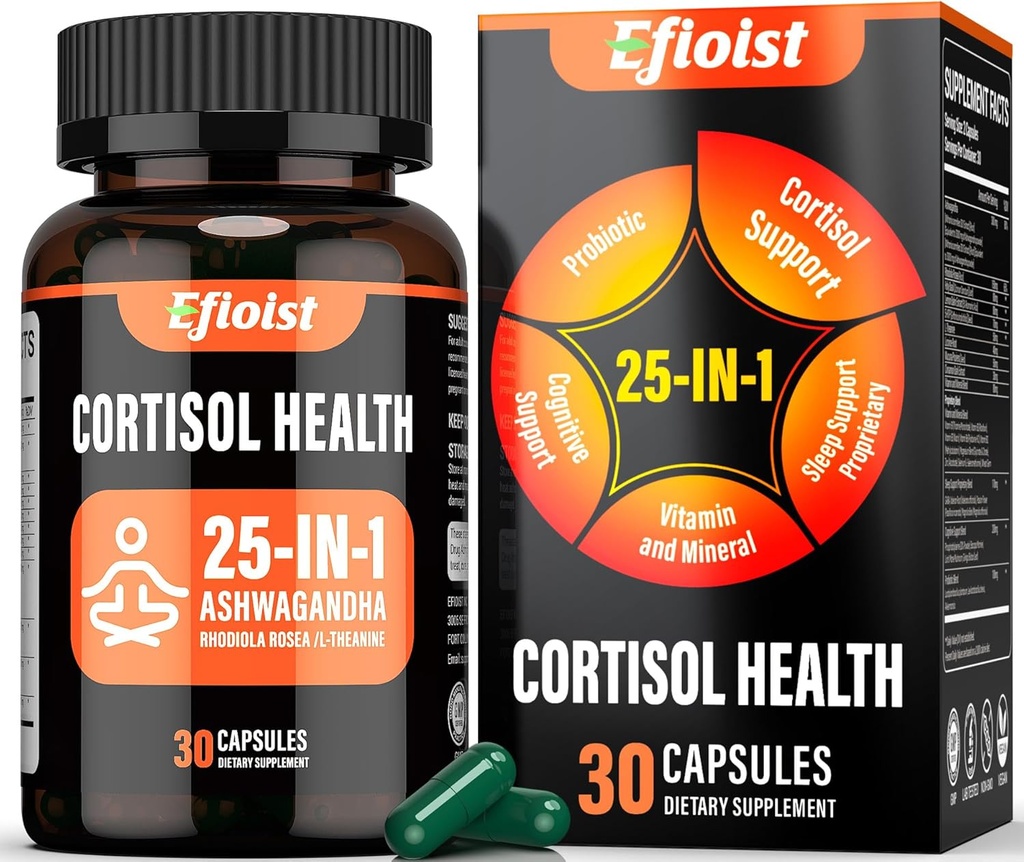Supplément de cortisol pour les femmes, 25-en-1 Réducteur de cortisol pour les femmes et les hommes, Suppléments de cortisol pour les hommes avec Ashwagandha, Rhodiola Rosea, L-Theanine, pour l'humeur, Focus, Soutien du sommeil, 30 Capsules
