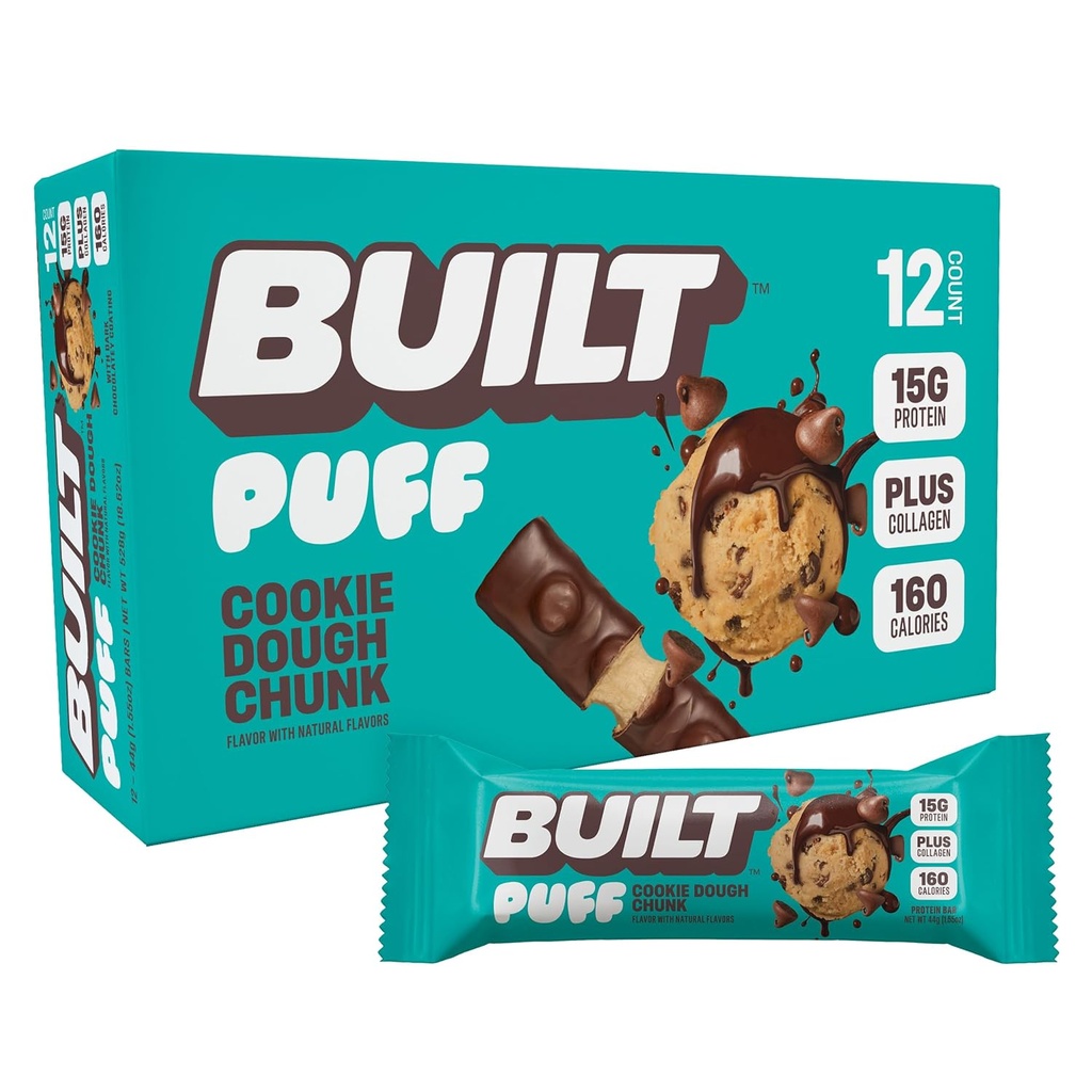 Barre construite, barres protéinées de puff, puff à la pâte à biscuits, 15g de collations protéinées, barres en marche, seulement 160 calories, 8g de sucre, collagène, sans gluten, 12 comte