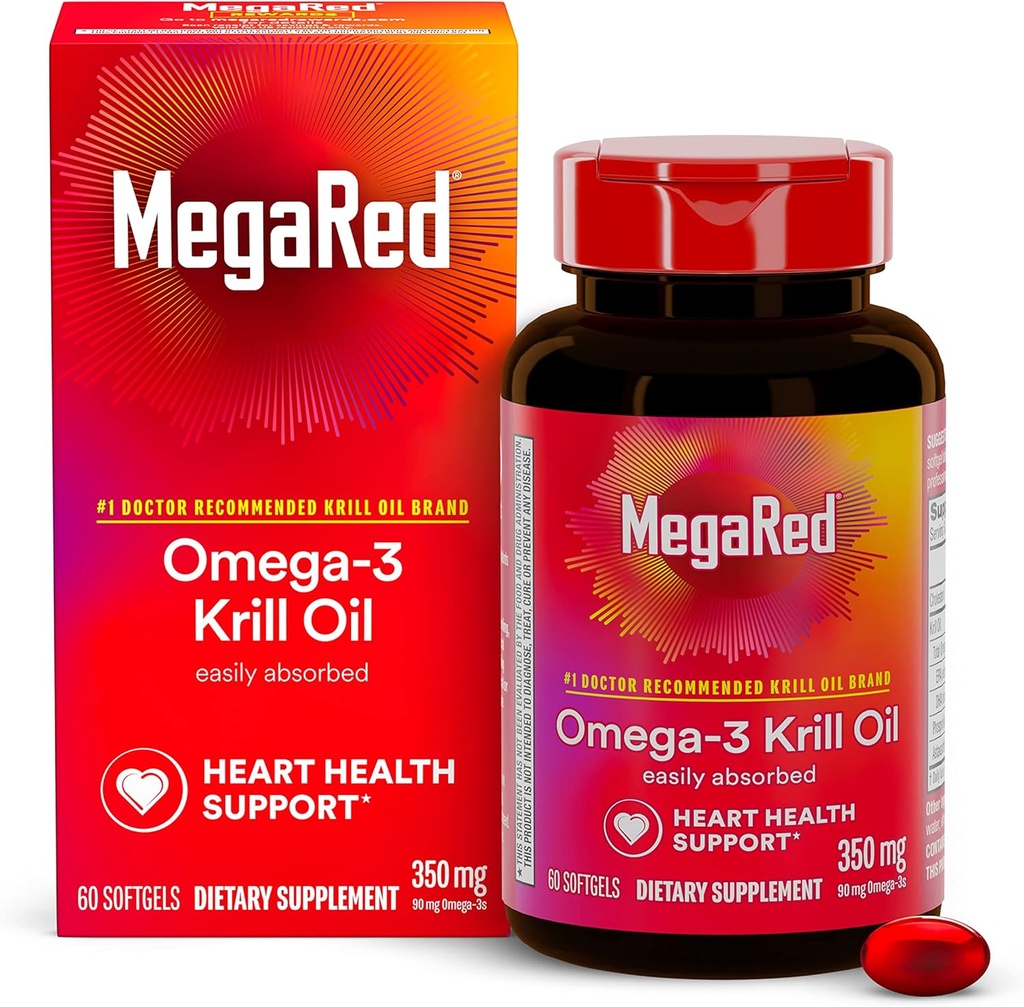 Omega-3 Krill Oil 350mg Softgels, MegaRed (60 Compte dans une bouteille), EPA & DHA Omega-3 Acides gras sans arrière-goût de poisson Contrairement à l'huile de poisson, contient de l'astaxanthine antioxydante
