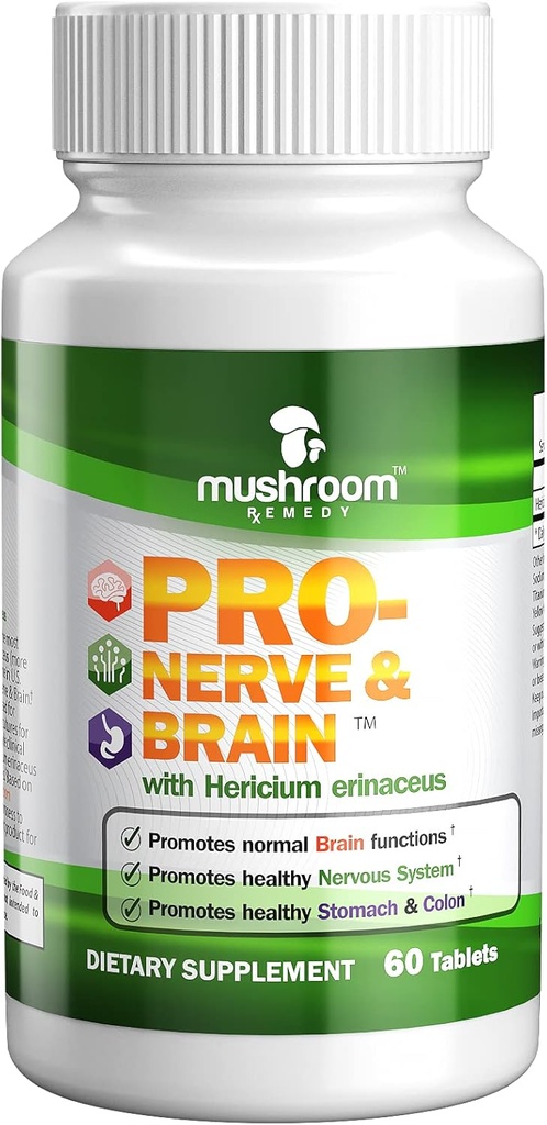 PRO-Nerve & Brain-Supplément à base de plantes naturelles pour mémoire, système nerveux, estomac, colon, tube digestif, extrait de champignons de la Mane étudié cliniquement, végétalien, non-OGM, États-Unis, 60 comprimés