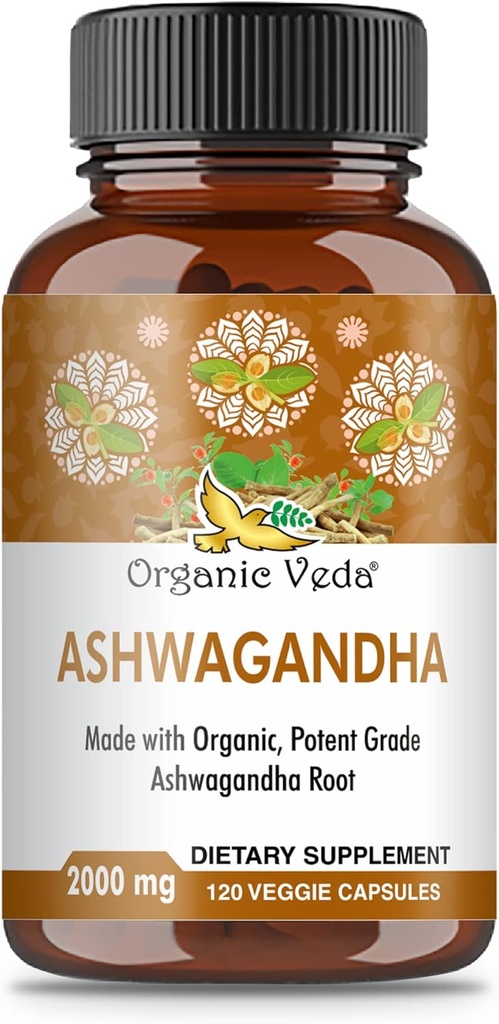 Organic Veda Ashwagandha Capsules, 2000mg - Supplément racine 100% pur Ashwagandha avec extrait de poivre noir pour absorption maximale - Boost Energy, Adrénal, Immunity & Mood - Vegan - 120 Compte