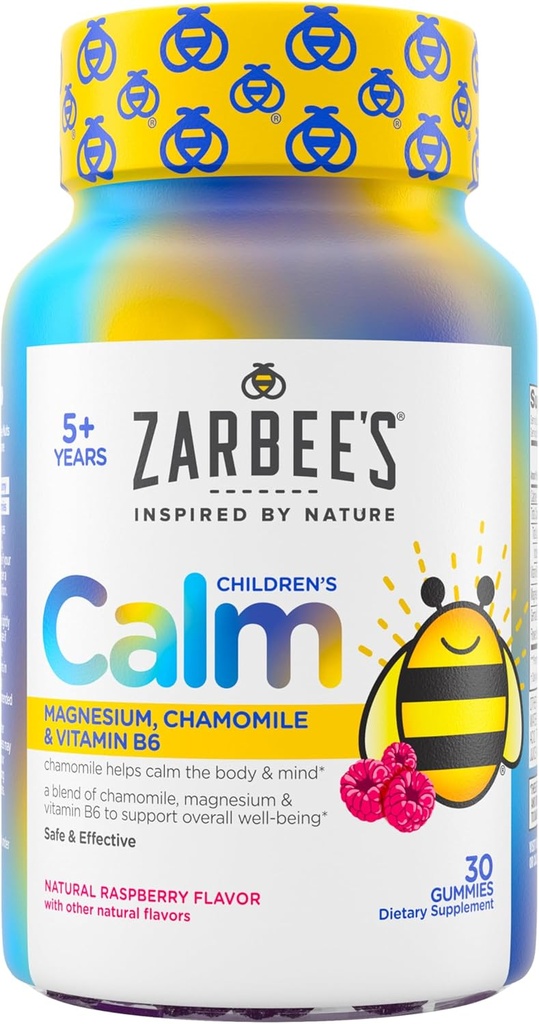 Les enfants naturels de Zarbee Les gommies calmes, Magnésium pour les enfants de 5 ans et plus, sans mélatonine, soutien pour un esprit et le corps calme, la camomille et la vitamine B6, saveur de framboise naturelle, 30 gummies de comte