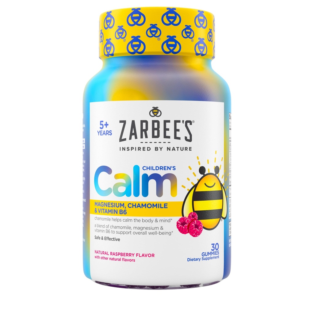 Zarbee=S Kids Calm Gummies avec Magnésium, pour les enfants de 5 ans et plus, sans mélatonine, soutien pour un esprit et le corps calme, camomille et vitamine B6, saveur de framboise naturelle, 30 ct