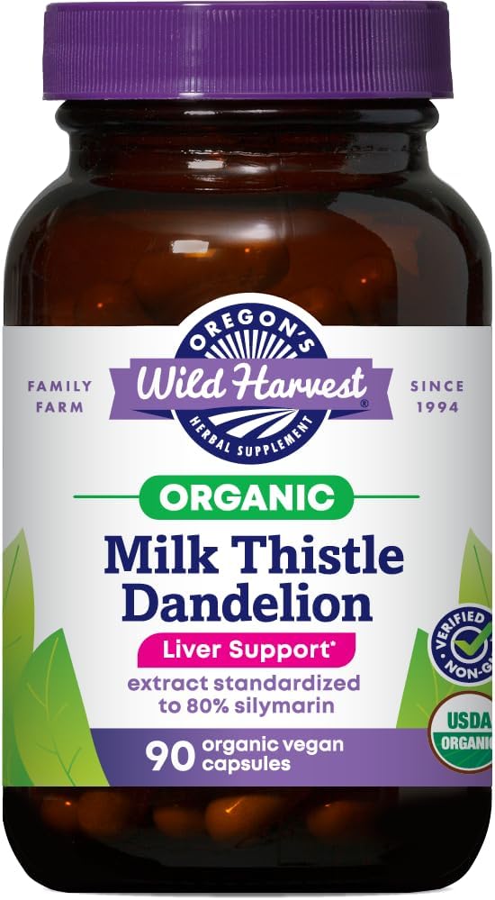 La récolte sauvage de l'Oregon Capsules certifiées de dandelion de chardon de lait biologique Extrait de soutien du foie Standardisé à 80% Silymarin, 90 Compte