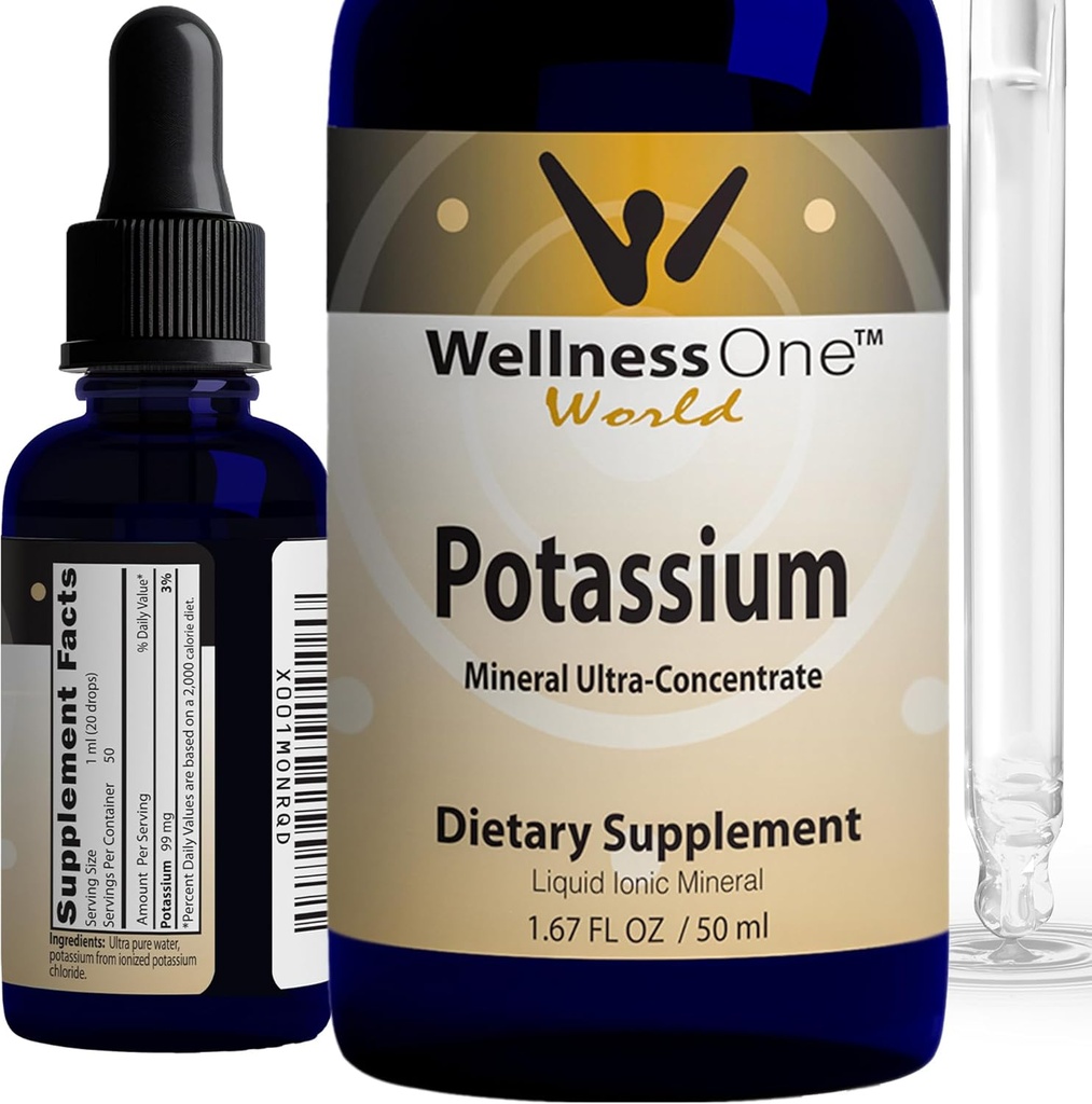 WellnessOne Ionic Potassium Supplement - Potassium Chlorure gouttes pour l'absorption rapide - Boost Immune System & Muscle Function - USA Testé, végétalien, non-OGM, sans gluten, non aromatisé, 1,67 fl oz