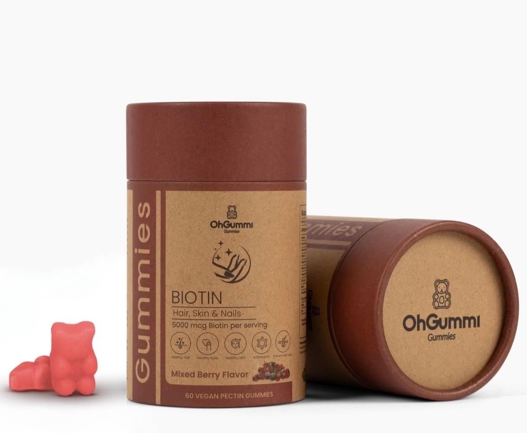 Biotine 5000mcg Gommies avec VIT A, B12, C, D3, E + acide folique (Vegan Biotin)