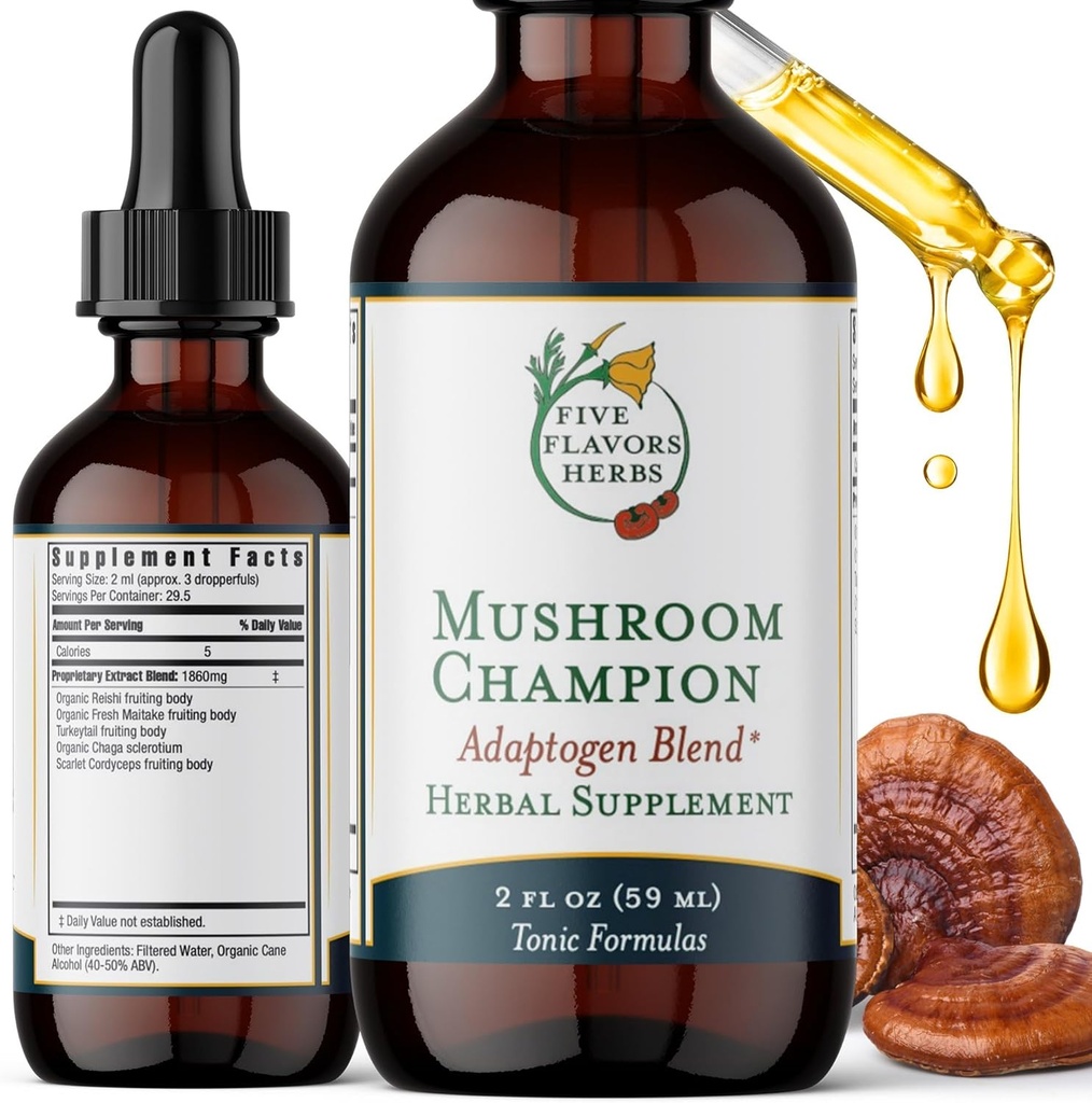 Teinture championne de champignons - Soutien métabolique, soutien immunitaire, soutien respiratoire, mélange adaptogène, formule tonique, Reishi, Maitake, supplément à base de plantes - 2 Fl Oz