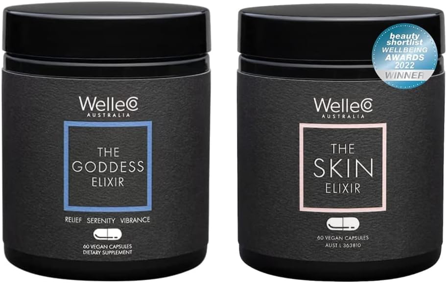 WelleCo The Goddess Elixir and Skin Elixir Bundle de la Ménopause Supplément, Hormone Balance, aide les sueurs de nuit et les flashs chauds.