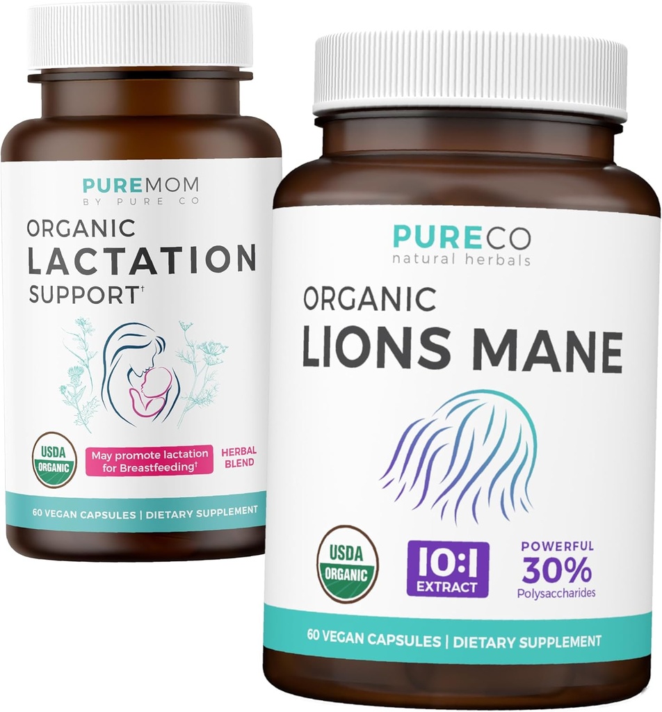 Soutien à l'allaitement et à la crinière des lions (approvisionnement d'un mois) Ensemble d'esprit maternel de soutien à l'allaitement biologique - Aide aux mères allaitantes (60 capsules) et au champignon biologique de la crinière des lions 10:1 Extrait (60 Capules)