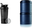 BlenderBottle Shaker Bottle with Pill Organizer and Storage for Protein Powder, ProStak System, 22 Ounce, Midnight Black & ProStak Twist n' Lock Storage Jars Expansion 2-Pak with Pill Tray, All Black