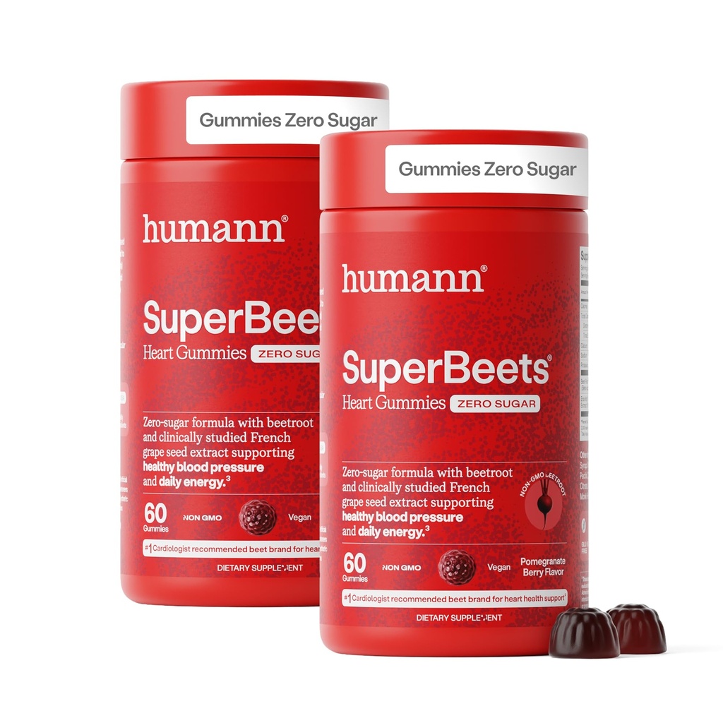 Gummies de coeur humanN SuperBeets - Gommy de betterave avec soutien énergétique Cœur-santé, extrait de graines de raisin et poudre de betterave, sans sucre - grenade Berry Flavor, 120 comte