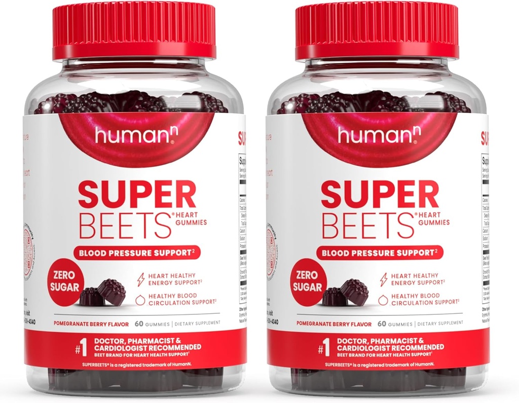Gummies de coeur humanN SuperBeets - Gommy de betterave avec soutien énergétique Cœur-santé, extrait de graines de raisin et poudre de betterave, sans sucre - grenade Berry Flavor, 120 comte
