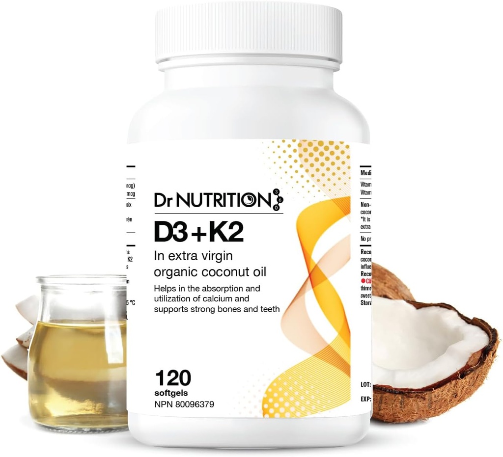 Vitamine D3 + K2 dans l'huile de noix de coco biologique, Vitamine K2 MK7 + D3 (1000IU), formule de santé rapide des os et du coeur, aide à absorber et à utiliser le calcium, soutient l'immunité, améliore l'humeur - 120 Softgels