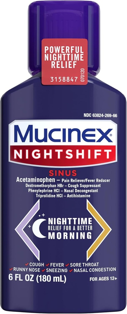 Mucinex Nightshift Sinus, médecine de la toux froide et de la grippe pour adultes, puissant sinus de nuit pour le soulagement du sinus, le soulagement de la gorge douloureuse, la toux suppresseur et nasale pour adultes, 6 Fl Oz