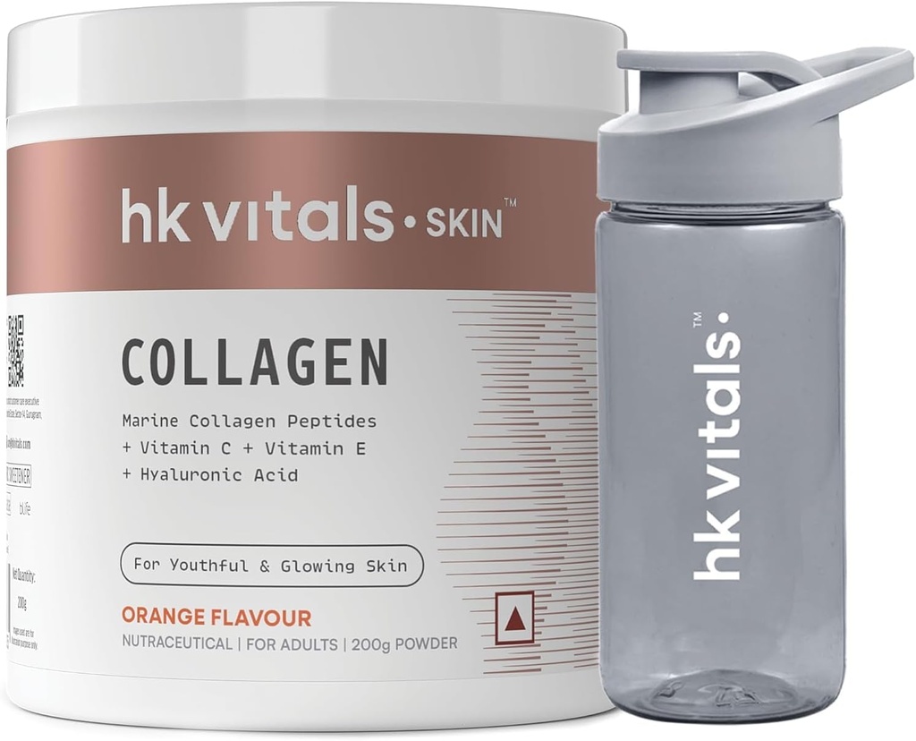 Heal;thKart hk Vitals Marine Collagen Supplément (Orange, 200g) & Sipper Bouteille (Grey, 300ml) Combo Pack avec vitamine C & E pour une peau, cheveux et ongles sains