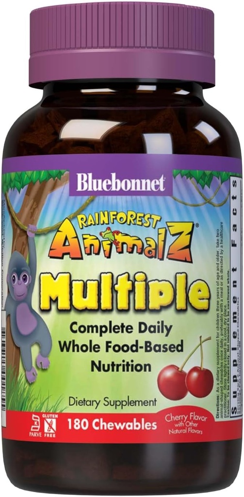 Bluebonnet Nutrition Rainforest Animalz Plats entiers à base de plusieurs comprimés à croquer, enfants Multivitamines et minéraux, vitamine C, D3, fer, sans gluten, sans lait, casher, 180 comprimés à croquer, saveur de cerise