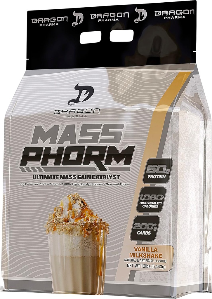 Phorme de masse DRAGON PHARMA, catalyseur de gain de masse ultime, matrice de protéines 50g, 200g d'hydrates de glucides complexes, plus de 1 000 calories par portion (20 portions, milkshake de vanille)