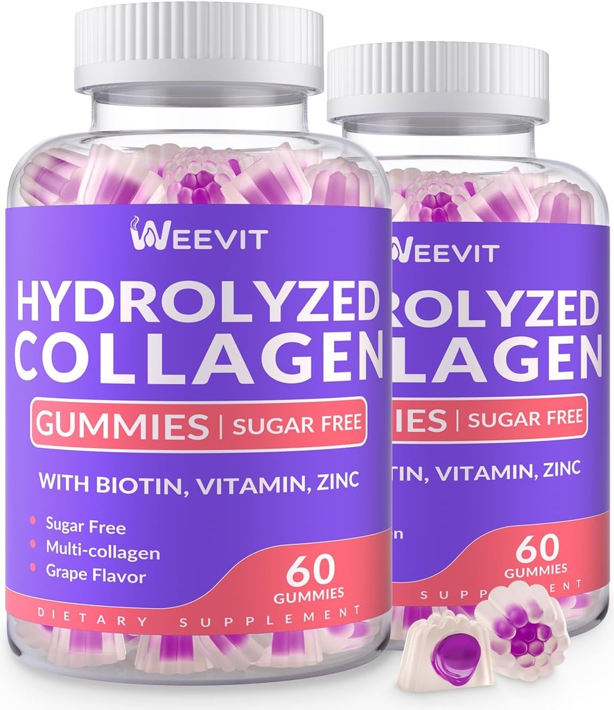 Gummées de collagène hydrolysées sans sucre, Gummées de peptide de collagène pour femmes, Gummées de collagène de type I,II,III,V,X avec biotine, vitamine C, D, B12 pour ongles de peau de cheveux