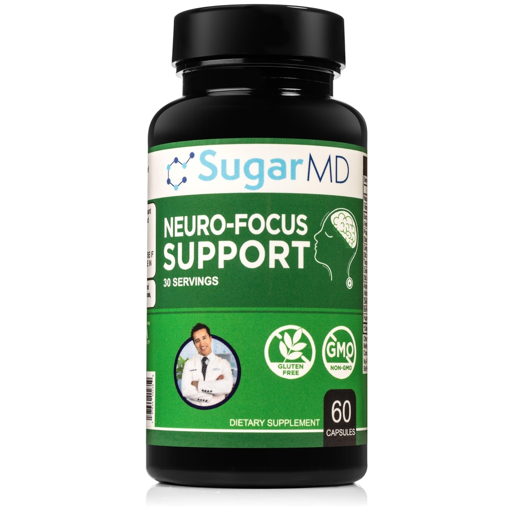 SugarMD Neuro-Focus Support - Suppléments de santé cérébrale pour la mémoire - Focus and Clarity Formula of Bacopa, Ginkgo, & Bioperine for Cognitive Support - Non-OGM et sans gluten - 60 capsules