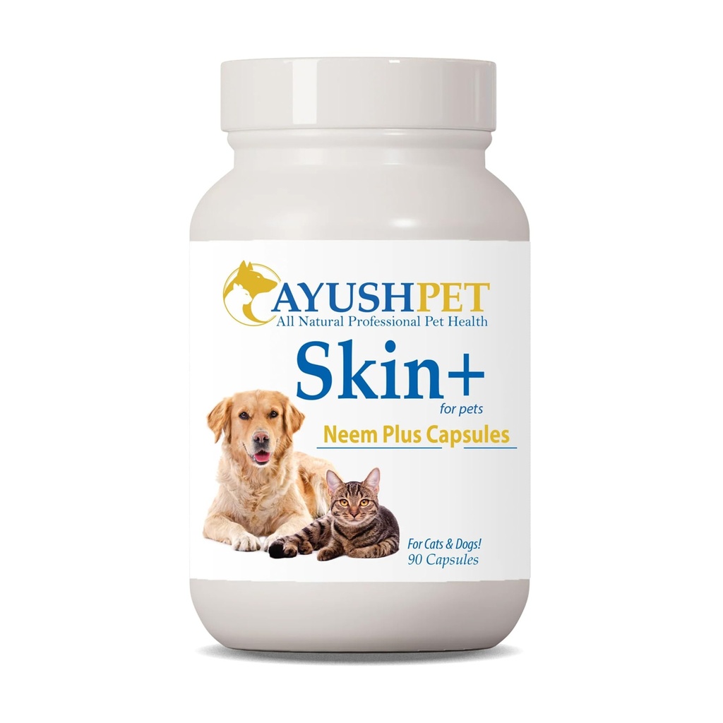 Ayush Pet Neem Plus - Supplément Neem pour chiens, peau et manteau pour animaux domestiques avec peau démangeante, capsules à base de plantes avec Triphala et Neem pour la santé Gut et Immune - 90 capsules