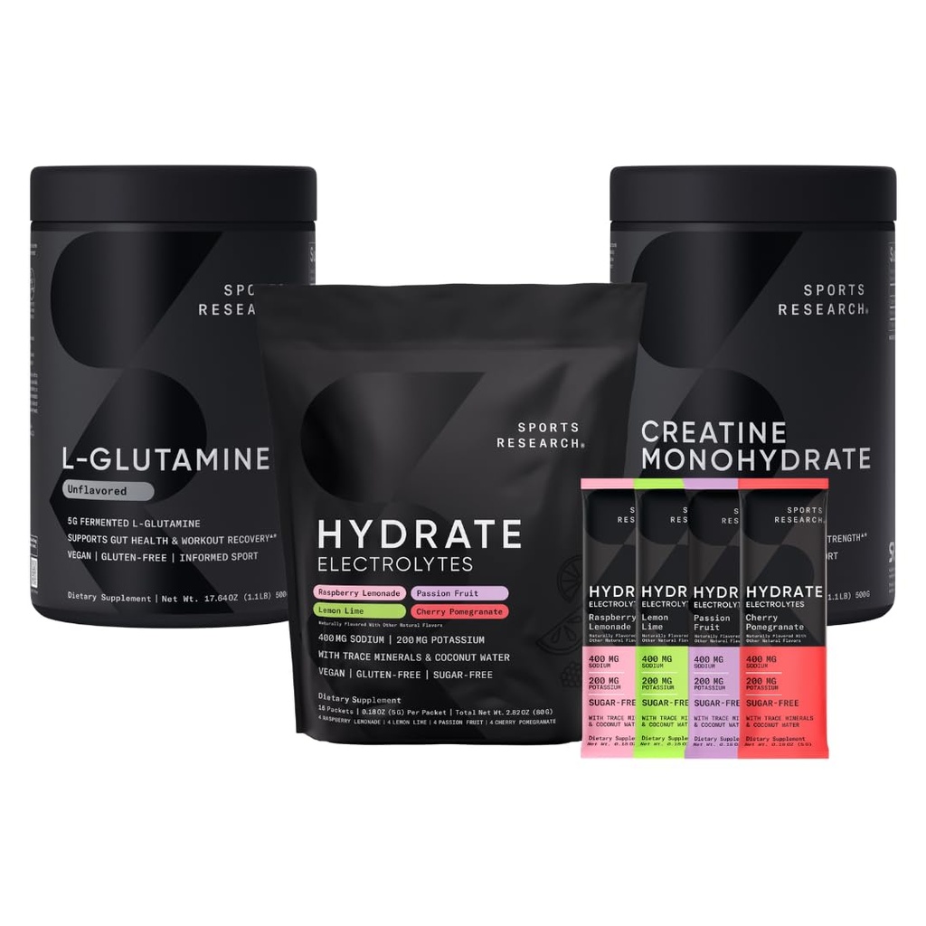 Recherche sportive L-Glutamine (1,1 lbs), sans sucre naturellement aromatisé électrolytes 16x paquets de variétés et monohydrate de créatine (1,1 lbs)