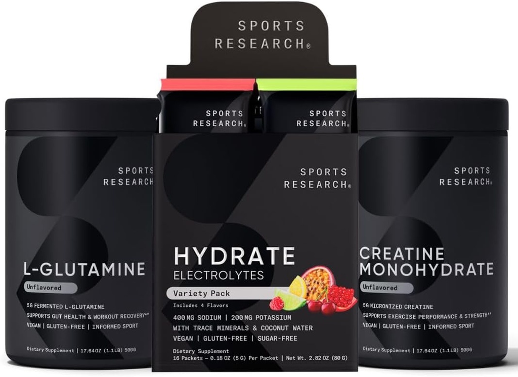 Recherche sportive L-Glutamine (1,1 lbs), sans sucre naturellement aromatisé électrolytes 16x paquets de variétés et monohydrate de créatine (1,1 lbs)