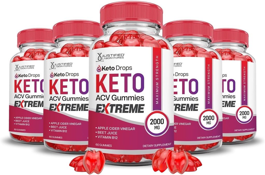 Justified Laboratories (5 Pack Keto Drops Keto ACV Gummies Extreme 2000MG Keto Drops Keto Gummies Advanced Formula Apple Cider Vinegar with Pomegranate Beet Juice Powder B12 Vegan Non GMO 300 Gummys