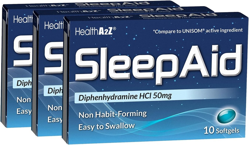 HealthA2Z® Sleep Aid (Aide au sommeil) Diphénhydramine HCL 50mg softgels (Pack de 3)